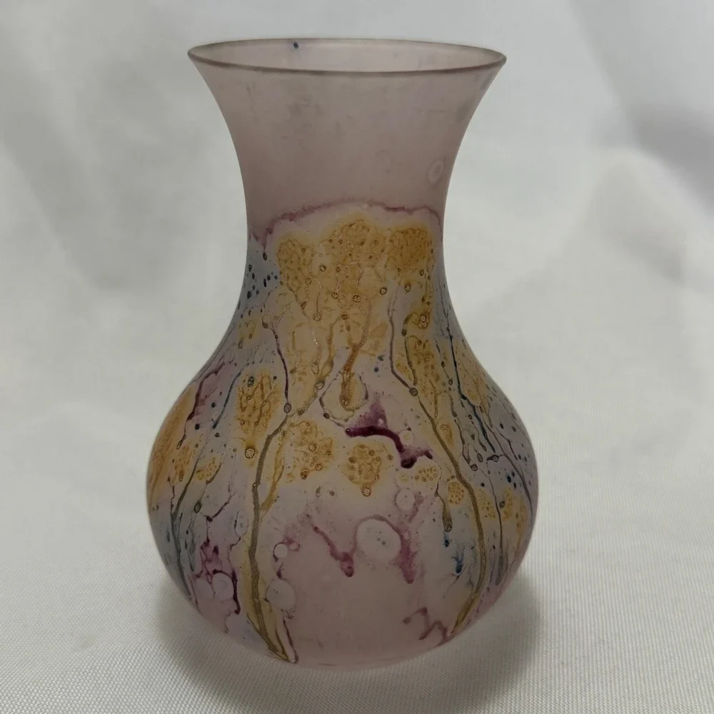 Israeli Hand Painted Art Glass Bud Vase Pink Gold Drip Boho Cottagecore Vintage‎